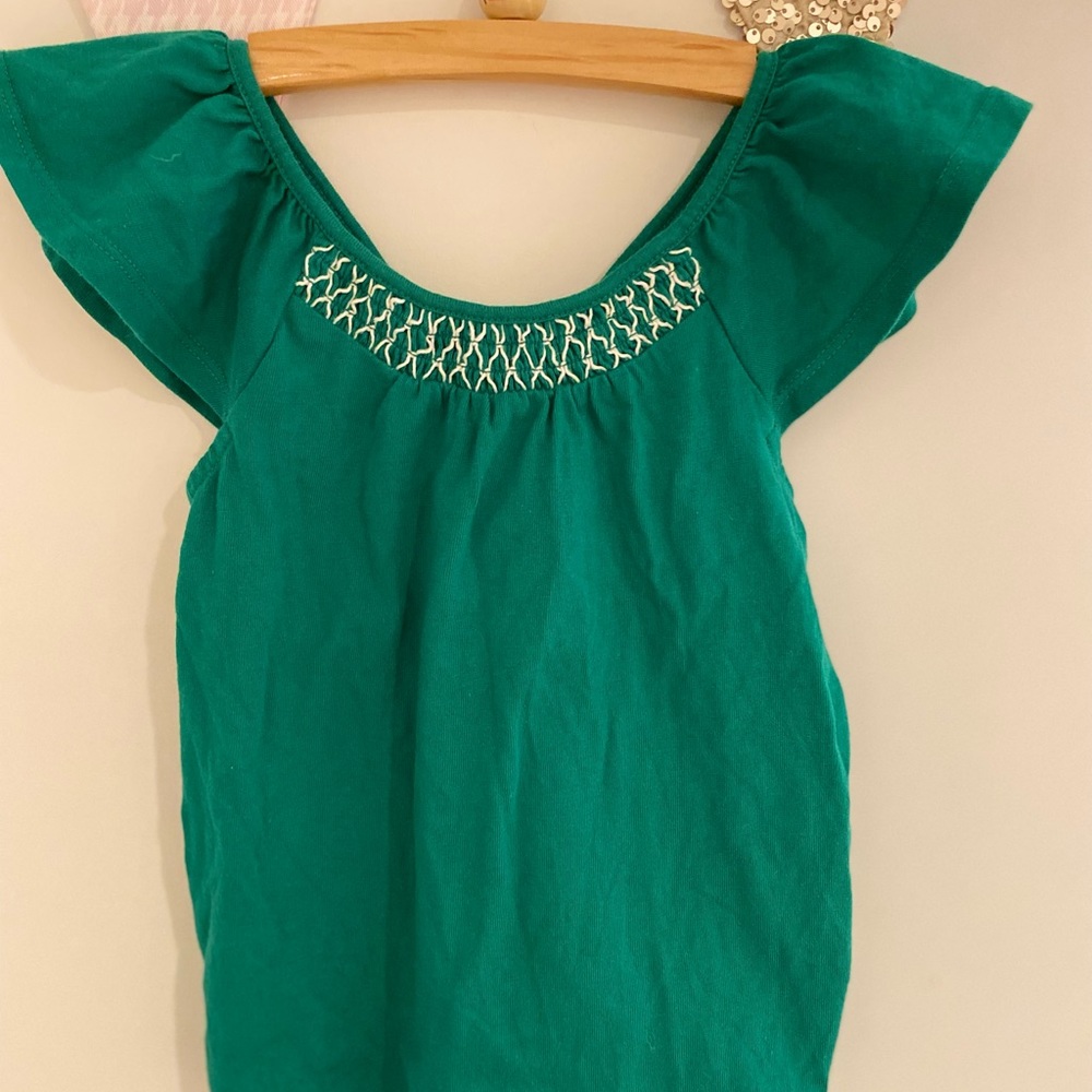 Janie & Jack - green, ruffle sleeve, embroidered shirt. Size 4